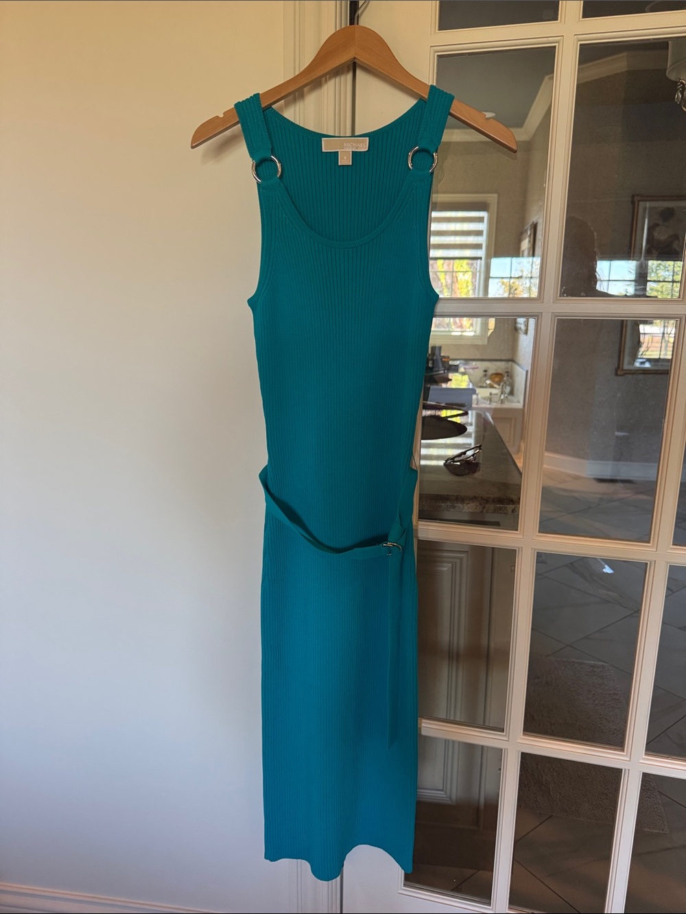 Michael Kors Teal Ribbed Tank Midi Dress with Belt Rings